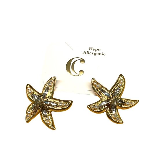 Charming Charlie Starfish Hypoallergenic Earrings Gold Tone With Rhinestones MSR - Picture 7 of 7
